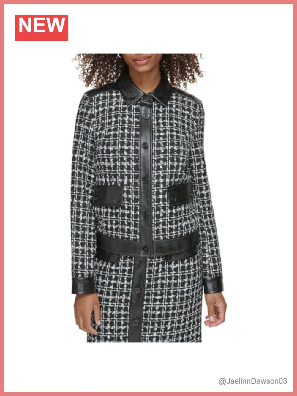 Tweed Faux Leather Jacket Long Sleeve Houndstooth Notch Collar Overcoat
